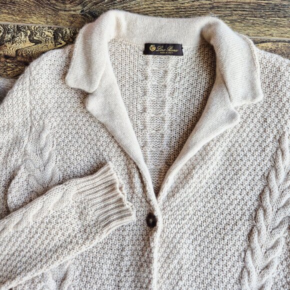 Loro Piana Made in Italy 100% Cashmere Cable Grid Knit Collar Cardigan Beige - Picture 5 of 15